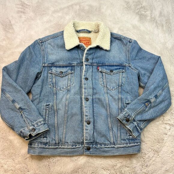 Levis Denim Trucker Jacket Womens Medium Sherpa Lined Collar Medium Wash Denim - Picture 1 of 11
